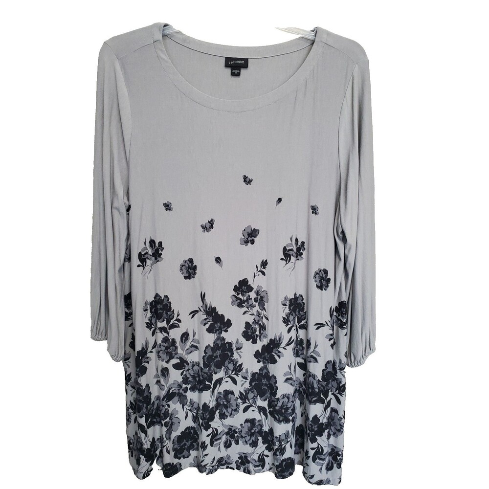 J Jill Wearever Jersey Knit Gray Floral 3/4 Sleeve Tunic Size 2X